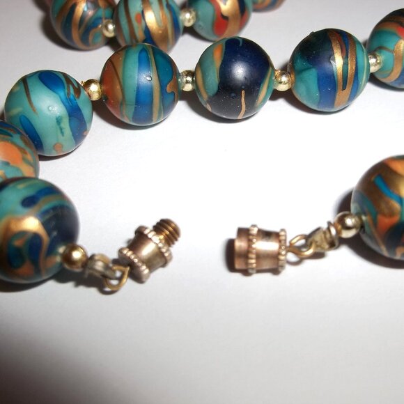 Vintage Necklace Beaded Blue Gold Fashion Accessory Jewelry Woman Unique C647 - Picture 6 of 7